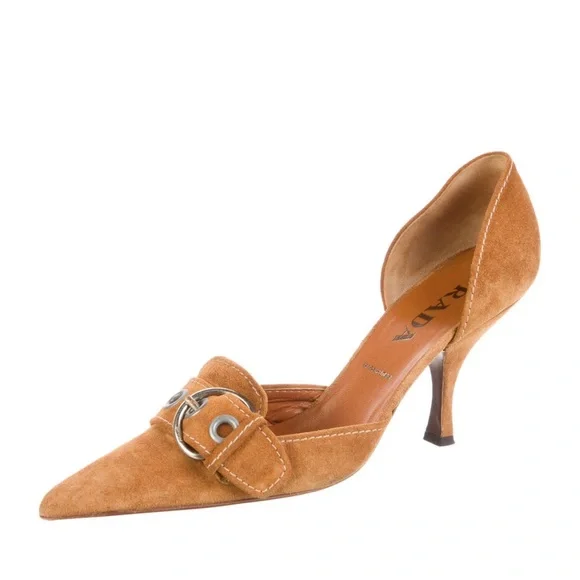 Prada Suede Closed Toe Buckle Kitten Heel Mules - Picture 3 of 5